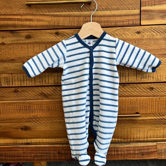 Petit Bateau Blue Stripe Velour Footie 1 month - Picture 3 of 4